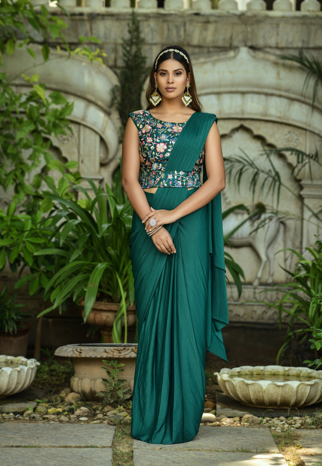 Rama Color 1 Minutes Ready To Wear Malay Silk Saree with Stitched Blouse