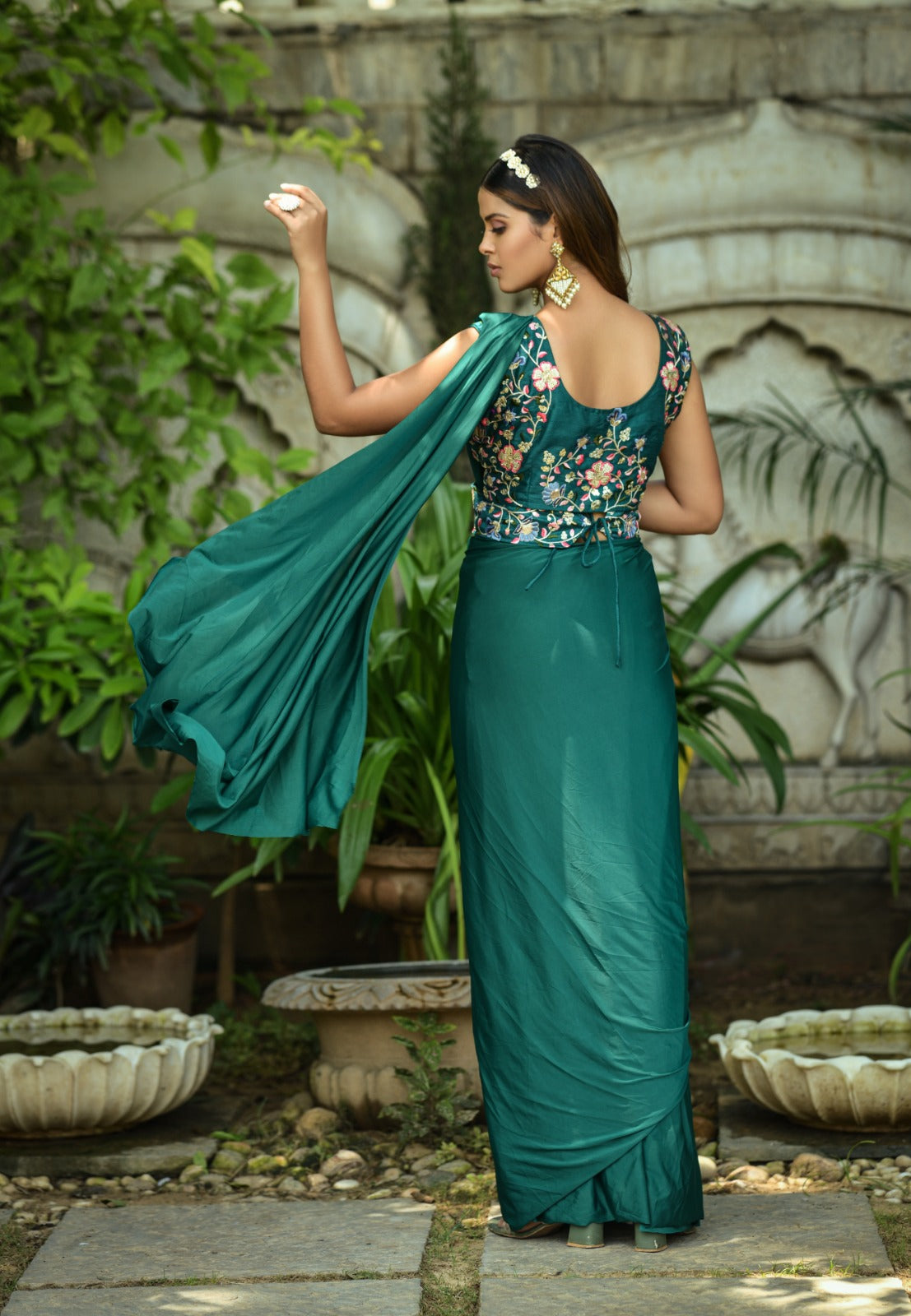 Rama Color 1 Minutes Ready To Wear Malay Silk Saree with Stitched Blouse