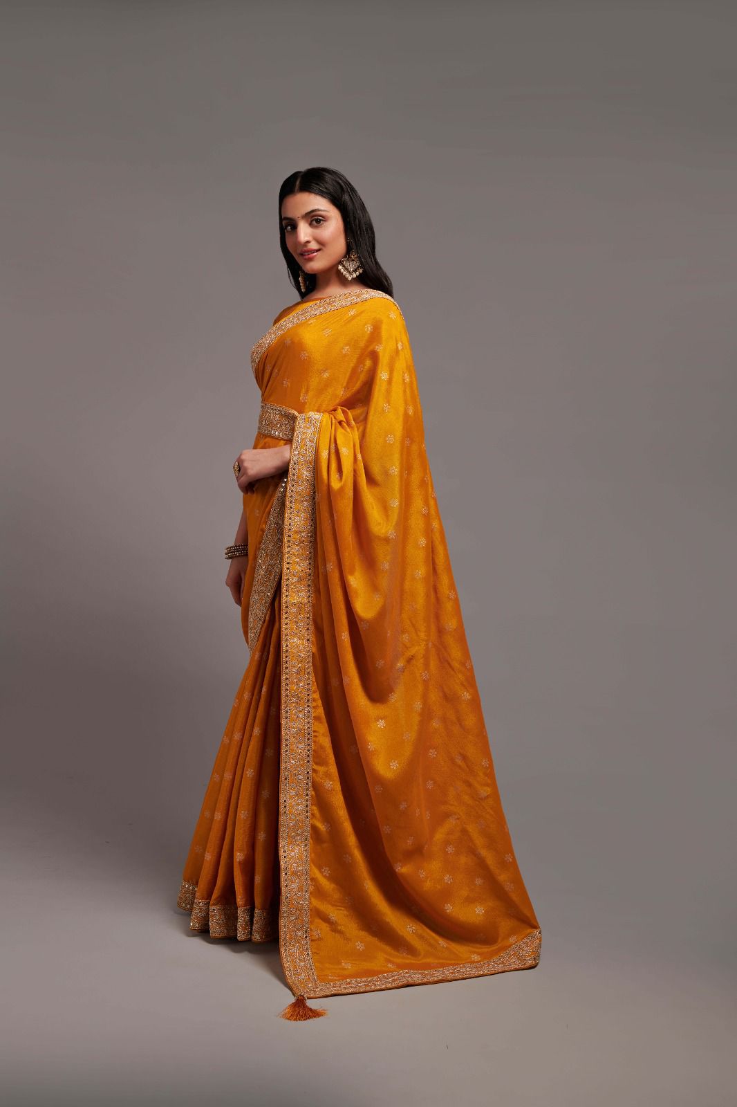 Party Wear Mustard Color Chinon Silk All Over print and Coding Work Saree