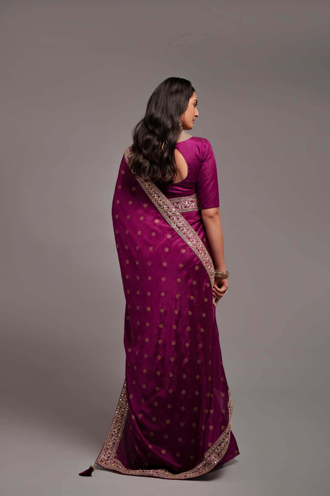 Wine Color Chinon Silk All Over print and Coding Work Saree