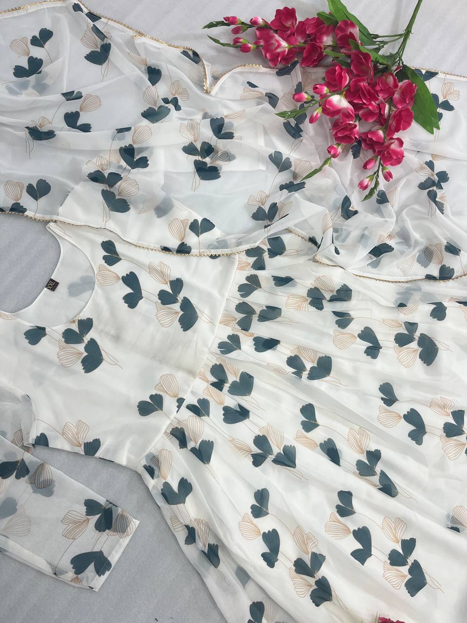 White Readymade Georgette Print Gown Style Frock For Girls Wear