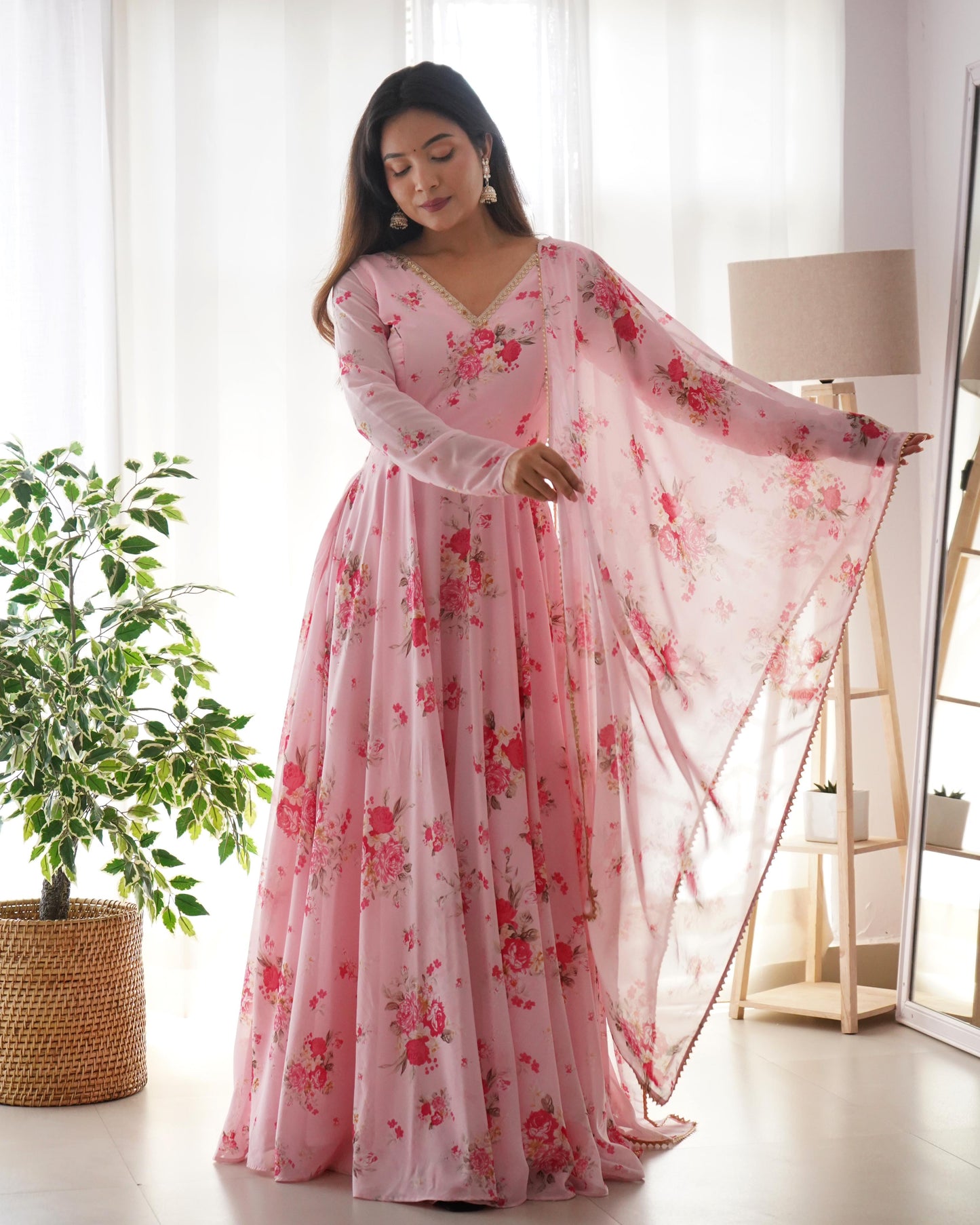 Designer Pink Ready To Wear Printed Anarkali Gown Set For Girls Wear