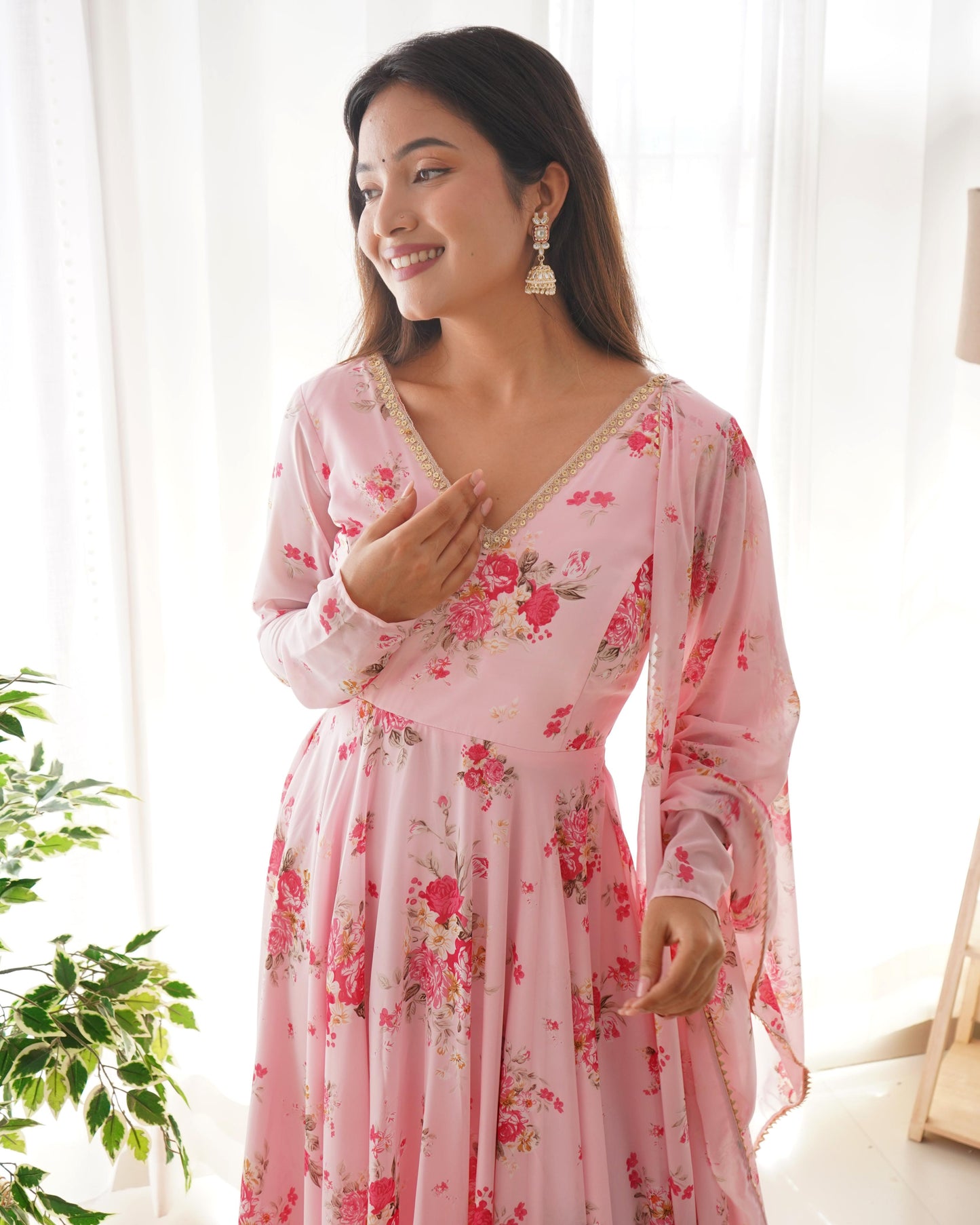 Designer Pink Ready To Wear Printed Anarkali Gown Set For Girls Wear