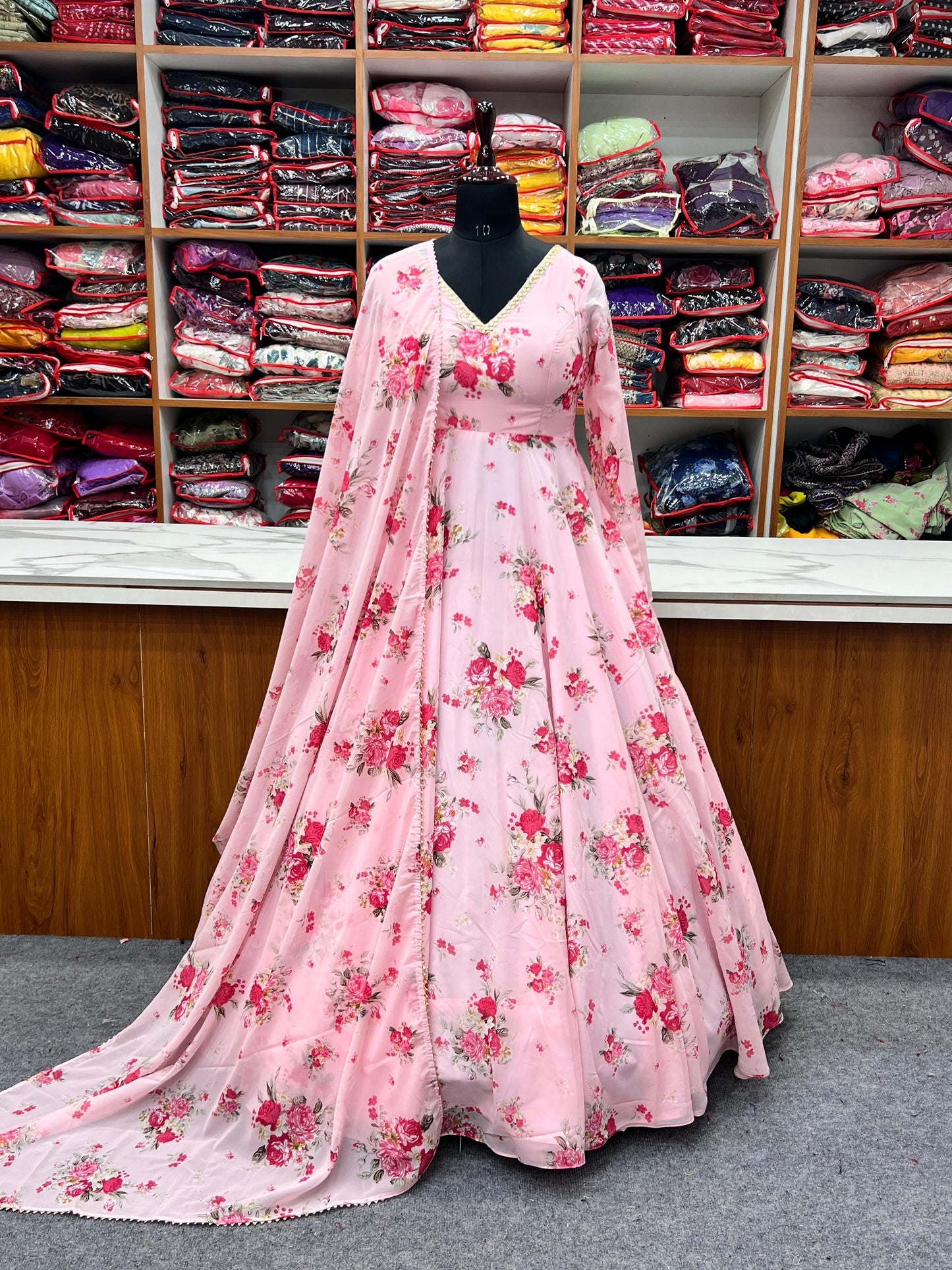 Designer Pink Ready To Wear Printed Anarkali Gown Set For Girls Wear