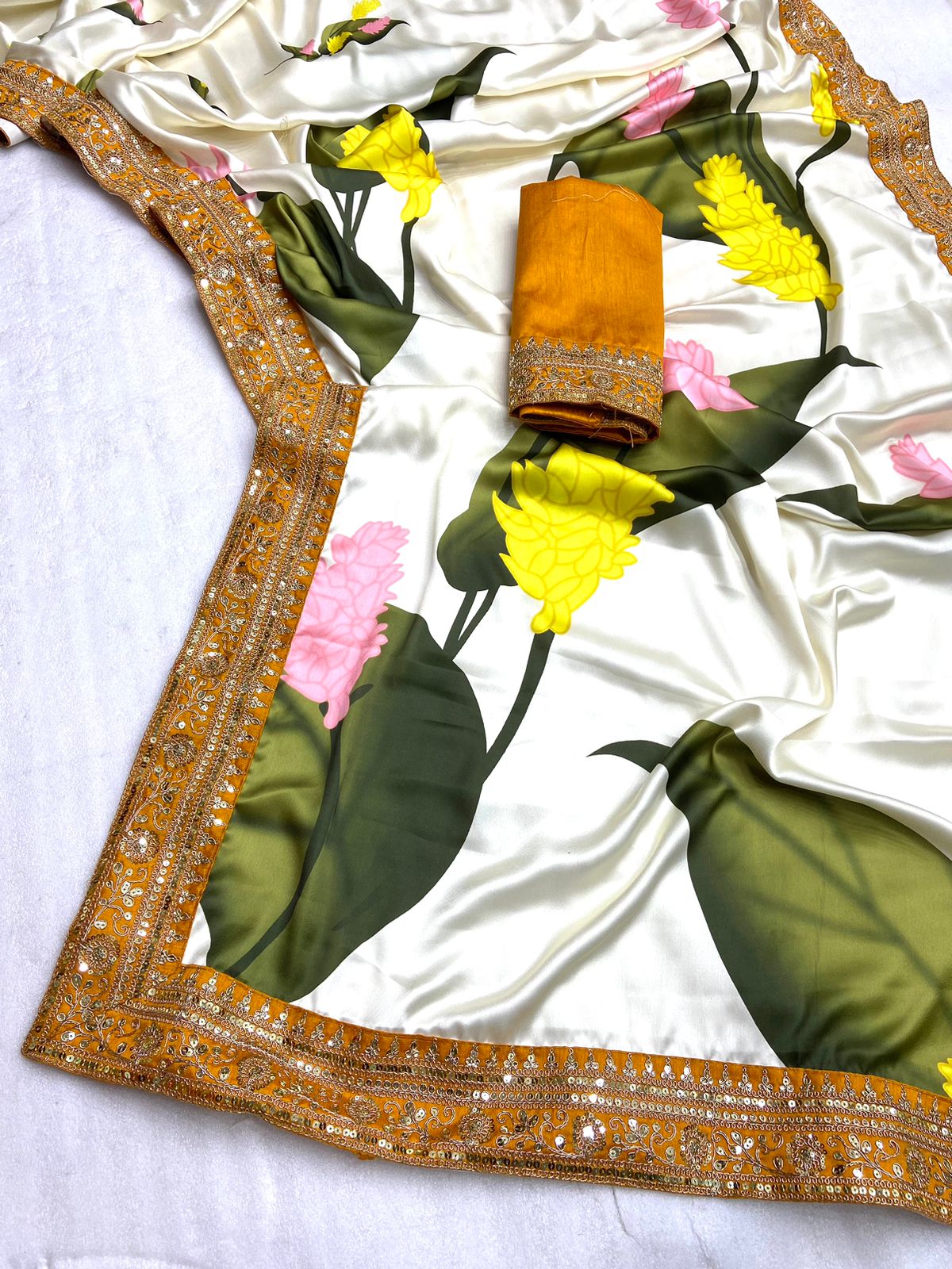Digital Satin Design With Sequence Work Saree