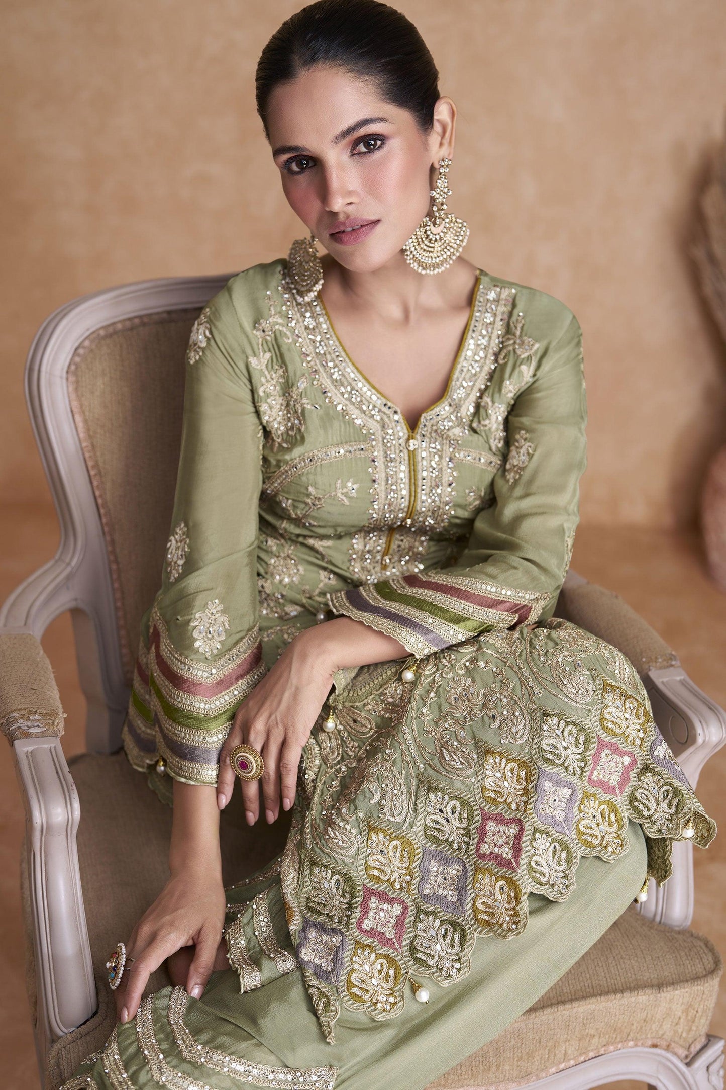 Party Wear Silk Readymade Suit with Embroidered Work