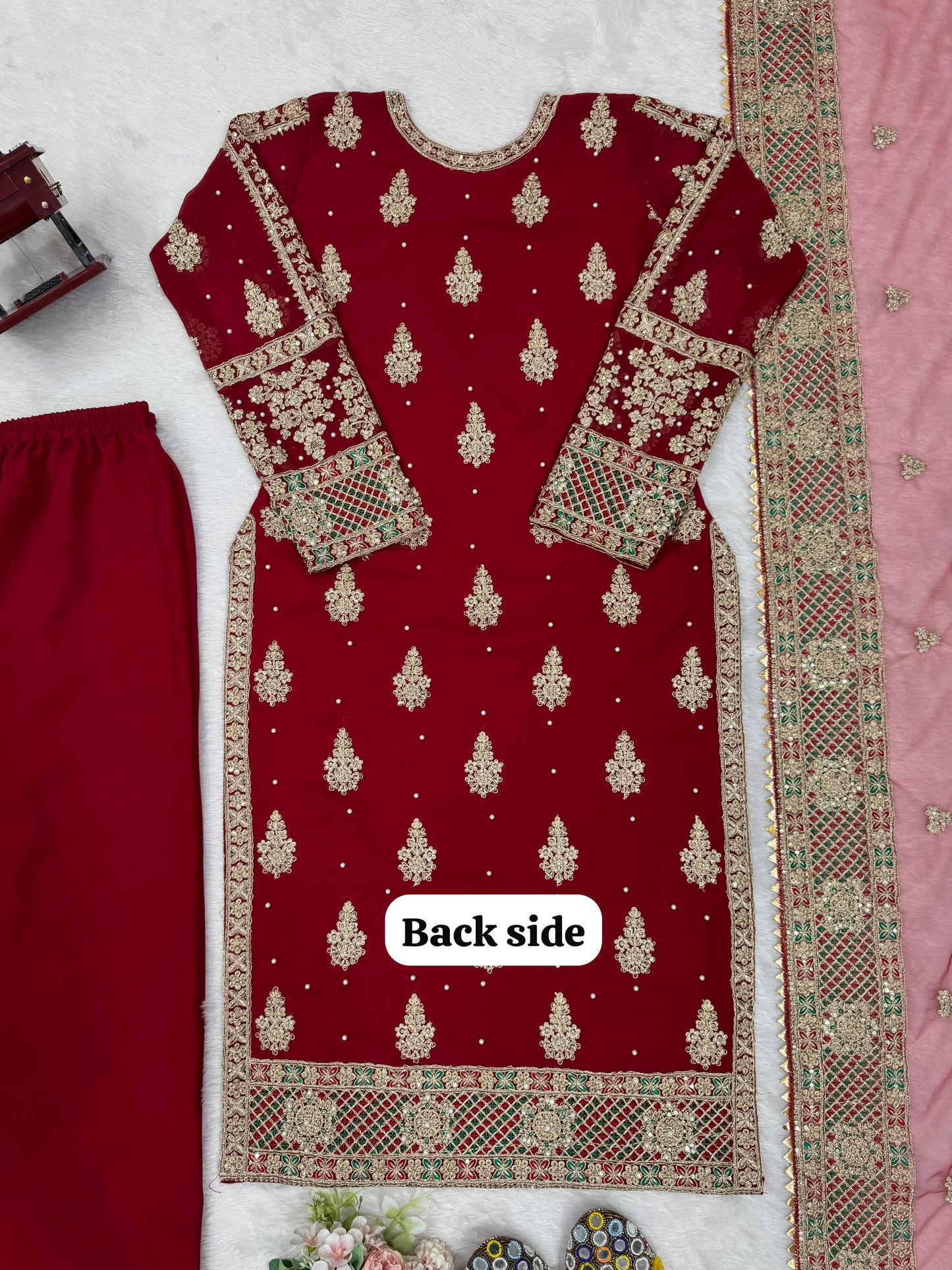 Red Color Georgette Heavy Work Stitched Sharara Suit
