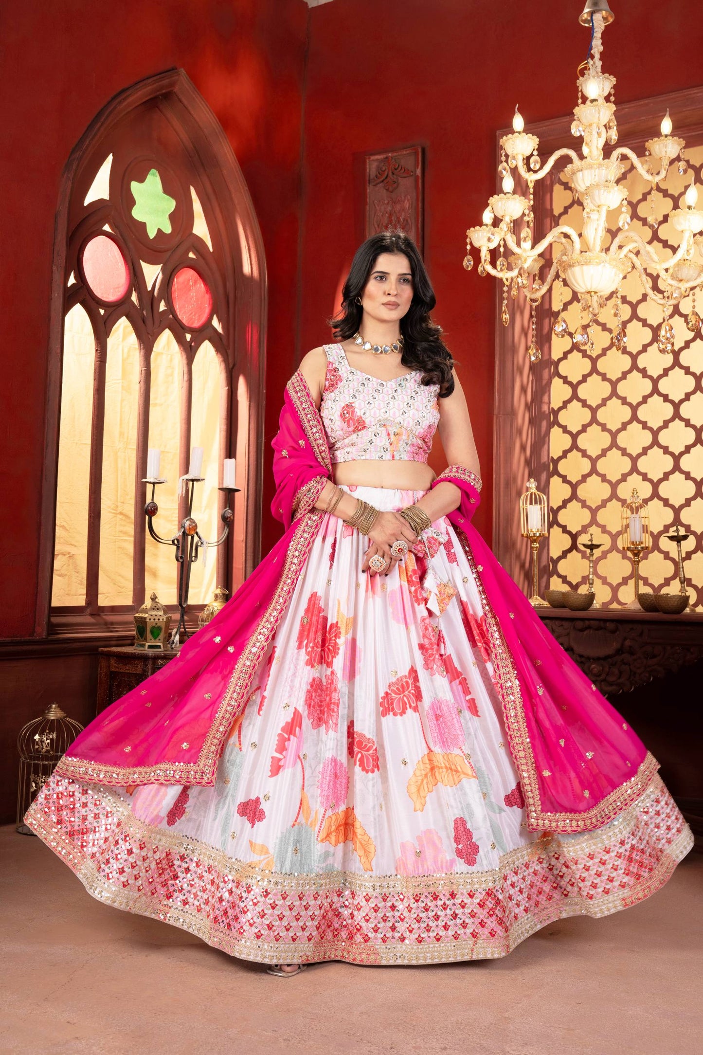 White Designer Lehenga With Digital Floral Print And Embroidered Rani Pink Dupatta Set
