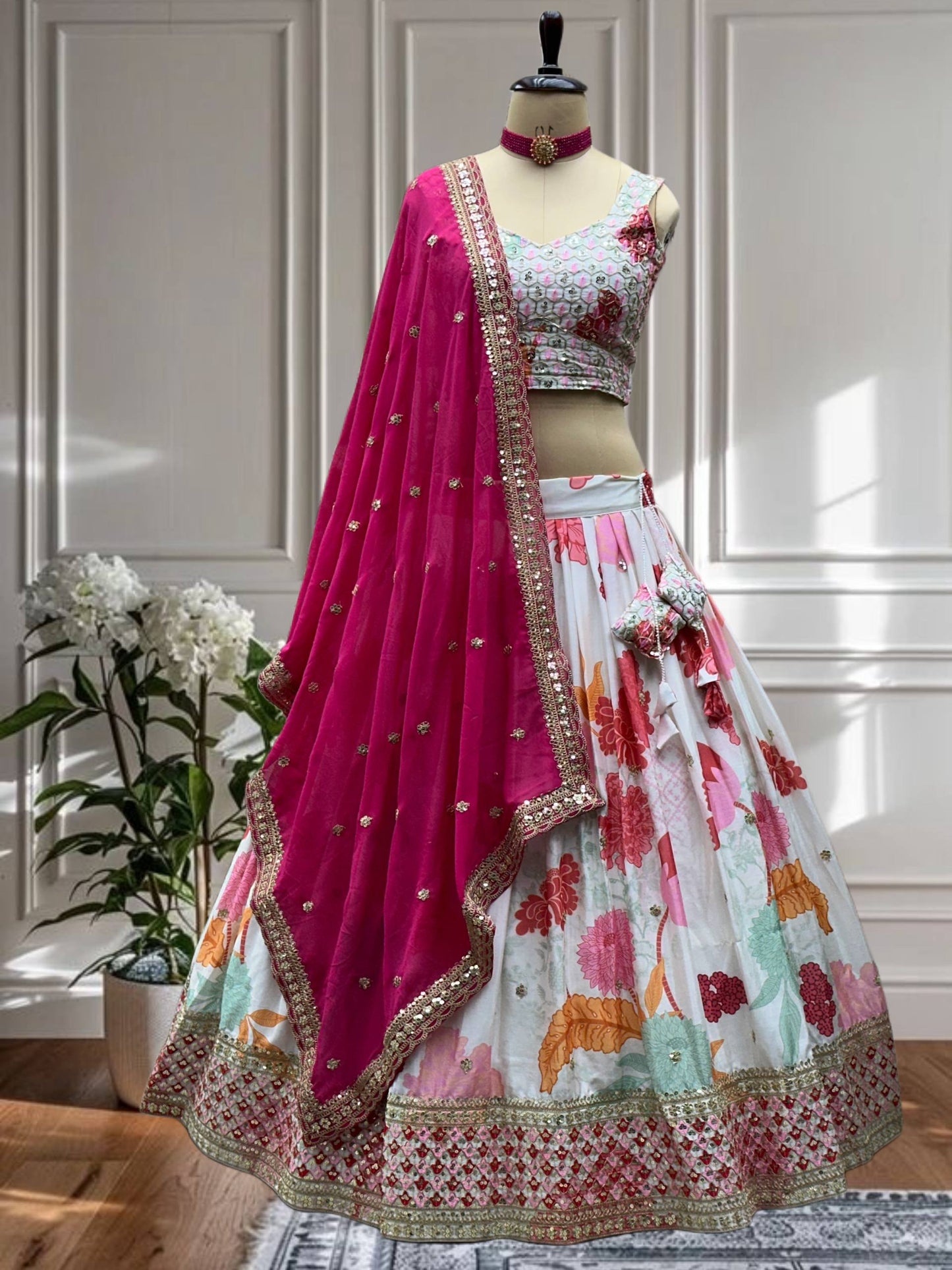 White Designer Lehenga With Digital Floral Print And Embroidered Rani Pink Dupatta Set