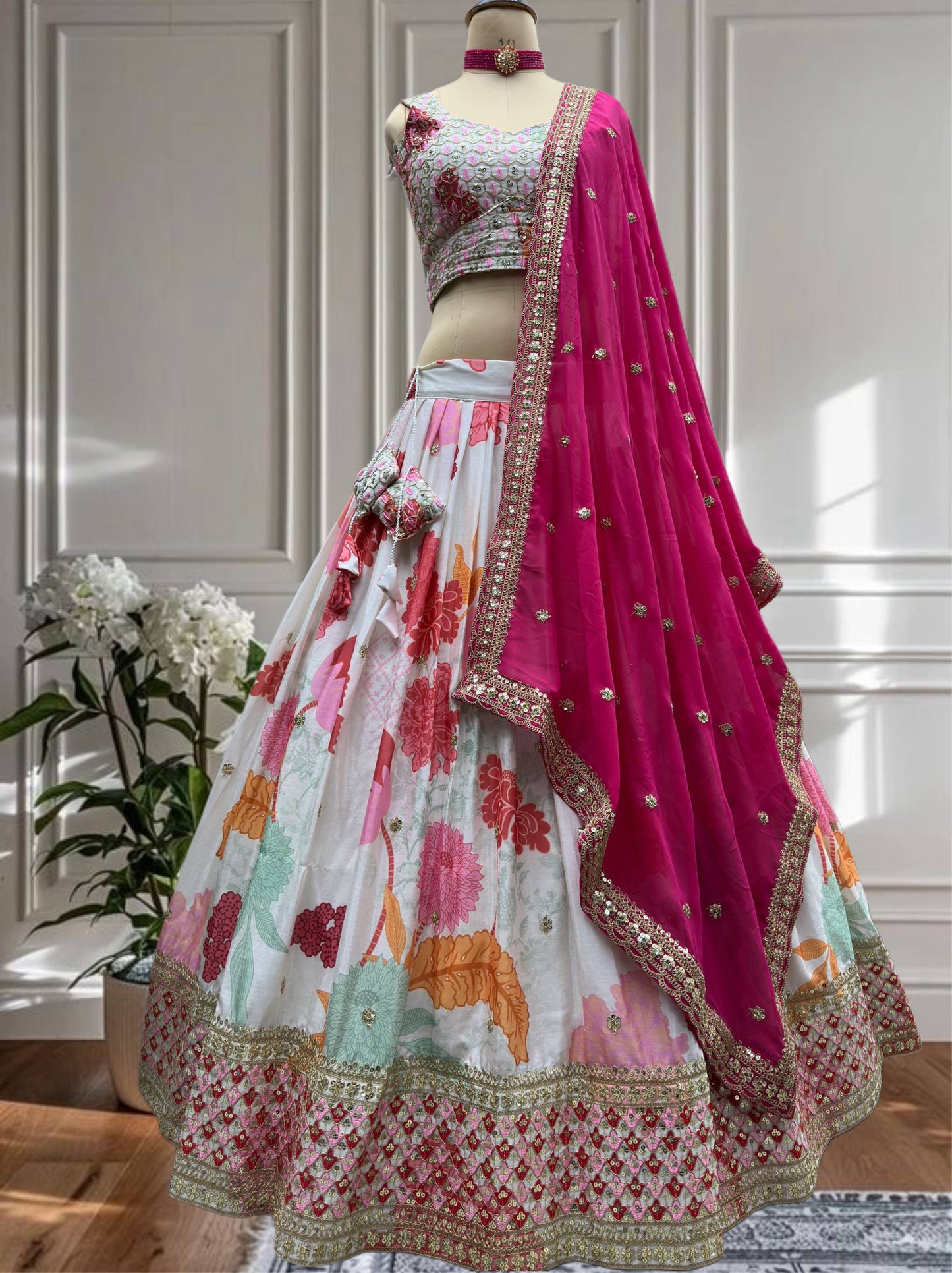 White Designer Lehenga With Digital Floral Print And Embroidered Rani Pink Dupatta Set