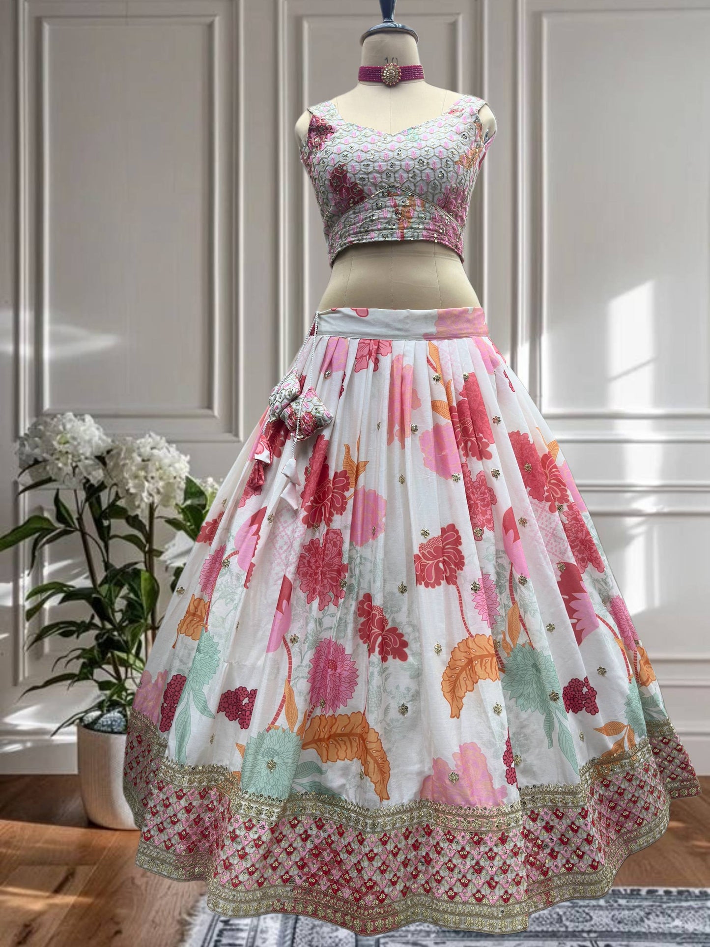 White Designer Lehenga With Digital Floral Print And Embroidered Rani Pink Dupatta Set