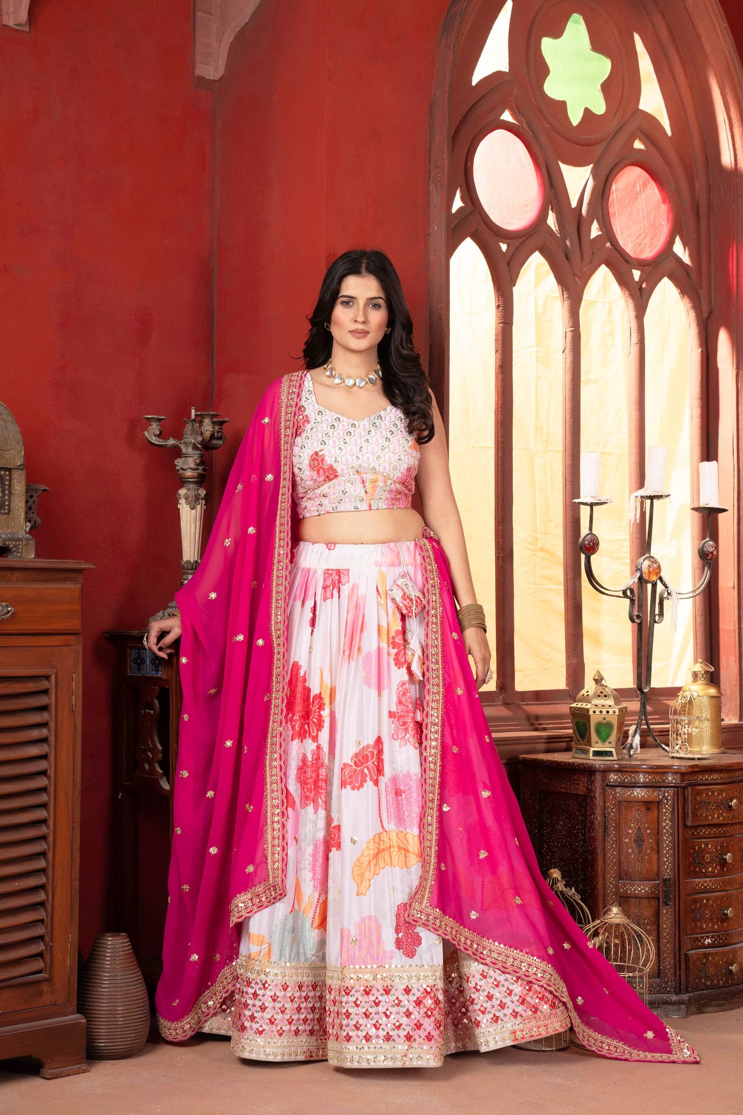 White Designer Lehenga With Digital Floral Print And Embroidered Rani Pink Dupatta Set