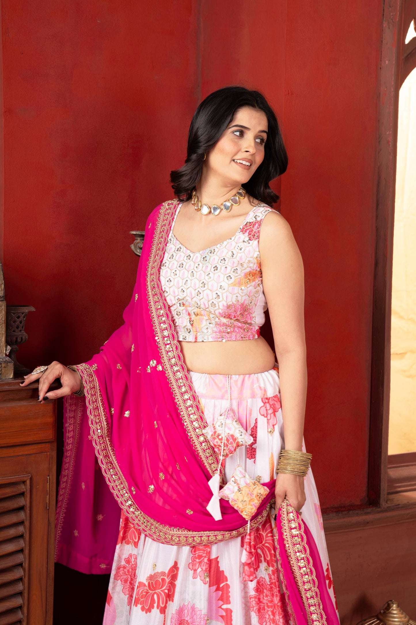 White Designer Lehenga With Digital Floral Print And Embroidered Rani Pink Dupatta Set
