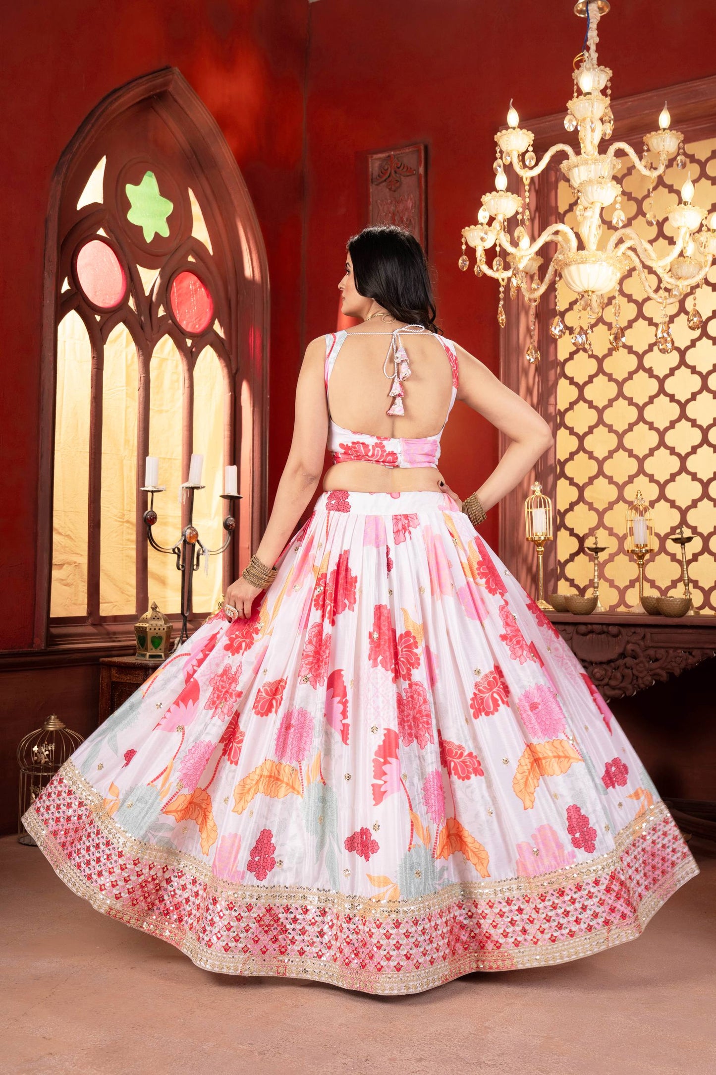 White Designer Lehenga With Digital Floral Print And Embroidered Rani Pink Dupatta Set