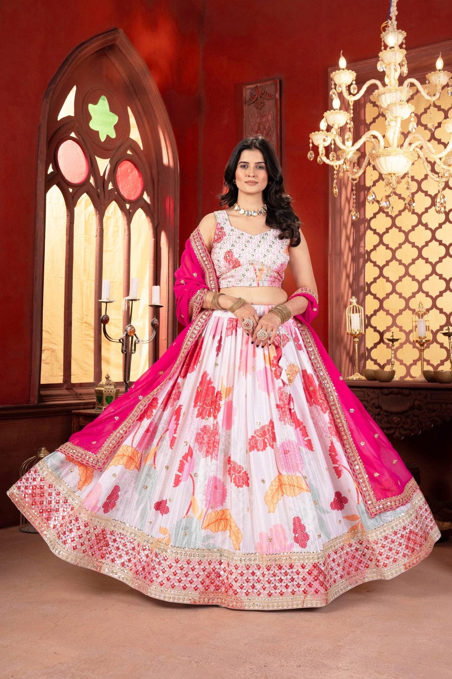 White Designer Lehenga With Digital Floral Print And Embroidered Rani Pink Dupatta Set