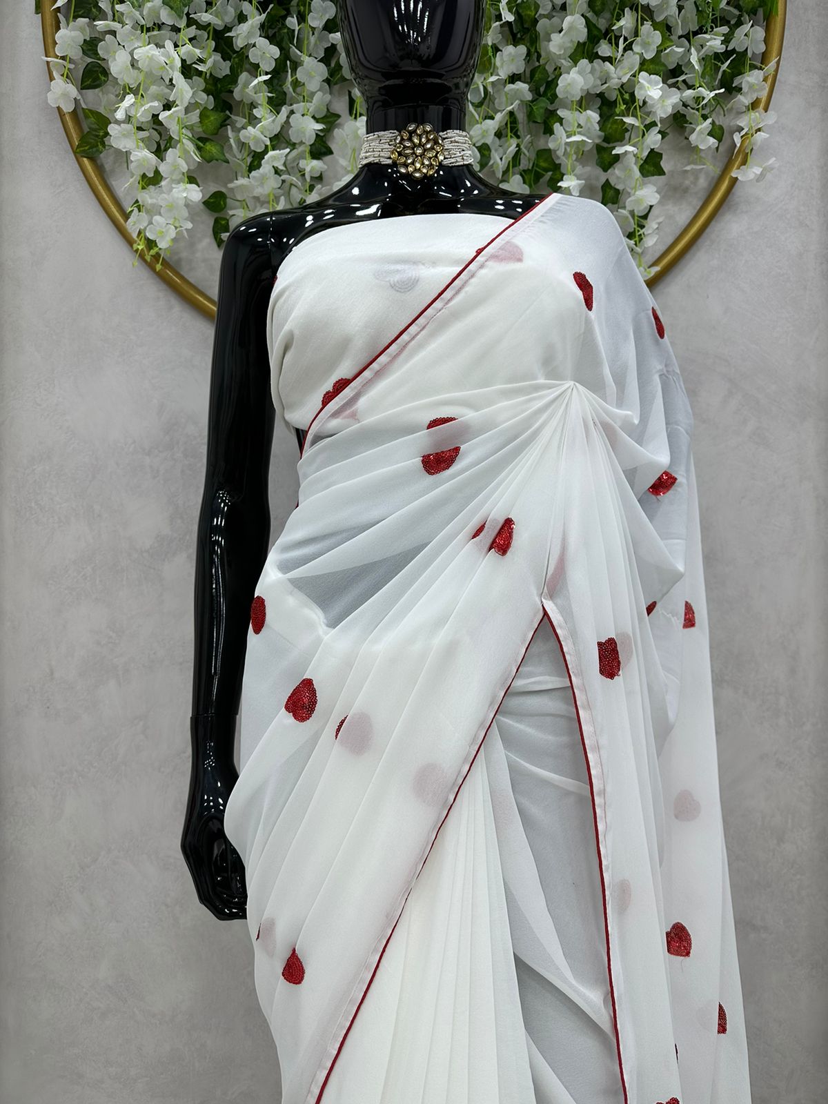White Georgette Heart Shape Work Ready To Wear Saree