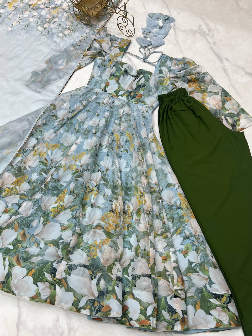 Floral Printed Organza Anarkali Fully Stiched Gown