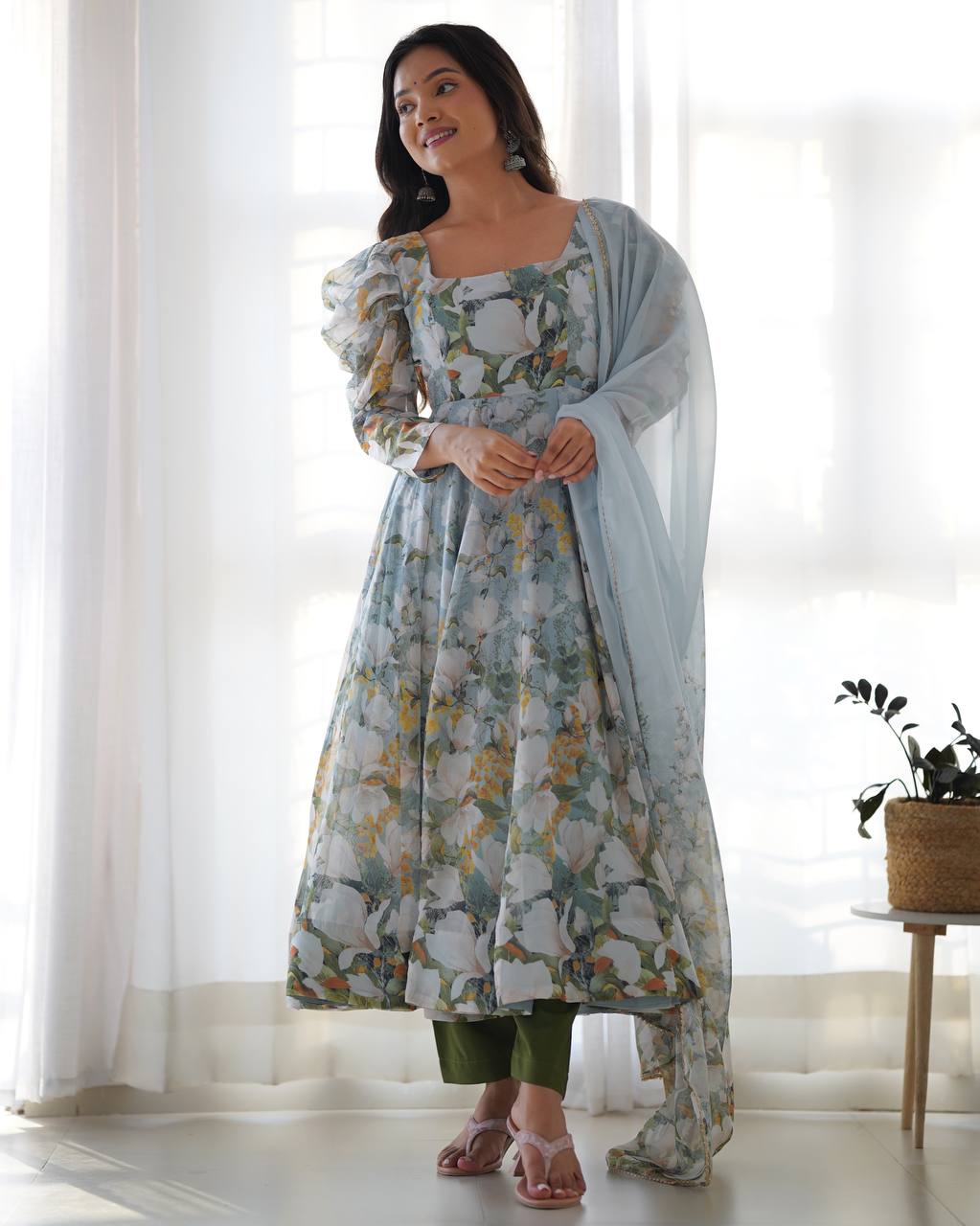 Floral Printed Organza Anarkali Fully Stiched Gown