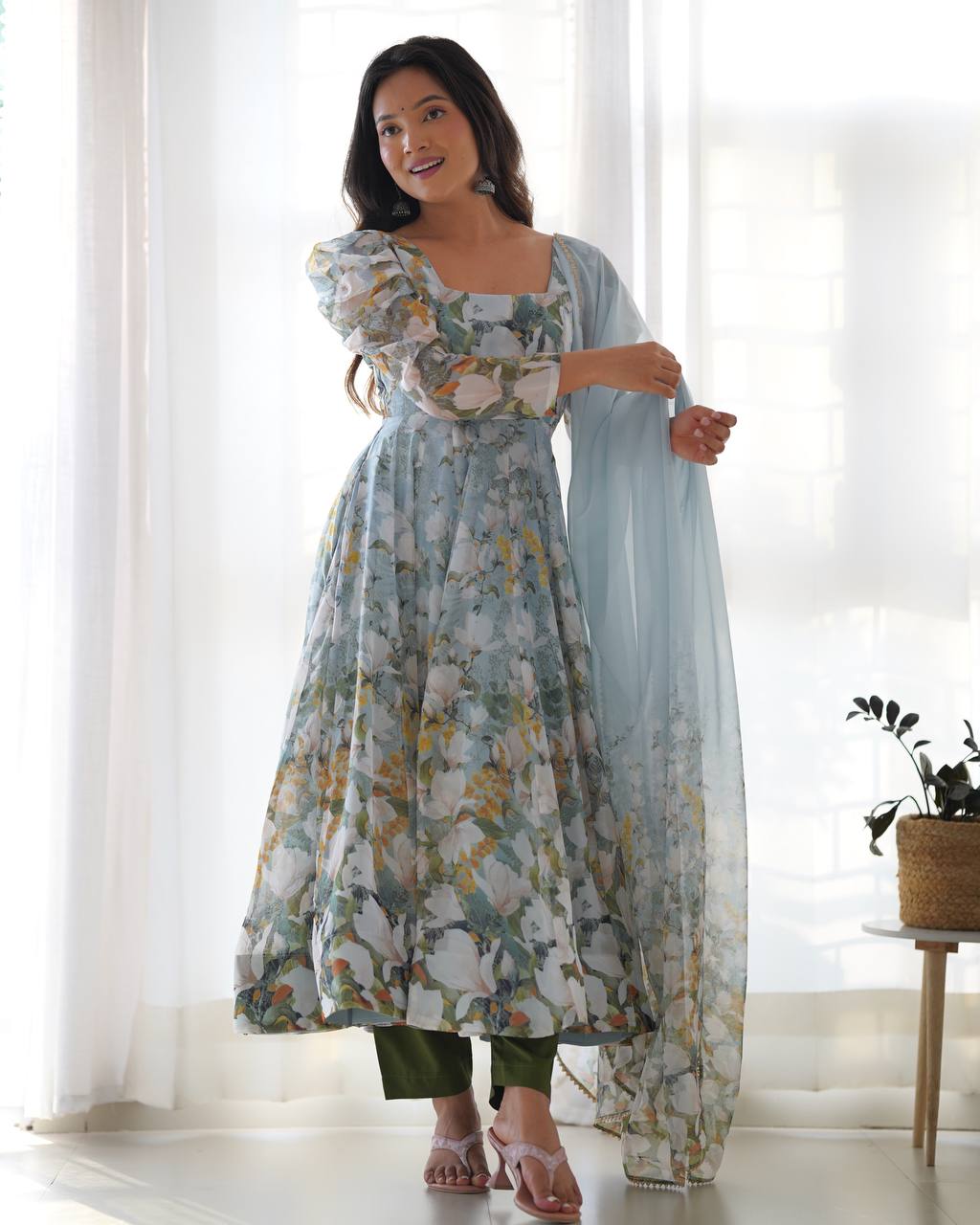 Floral Printed Organza Anarkali Fully Stiched Gown
