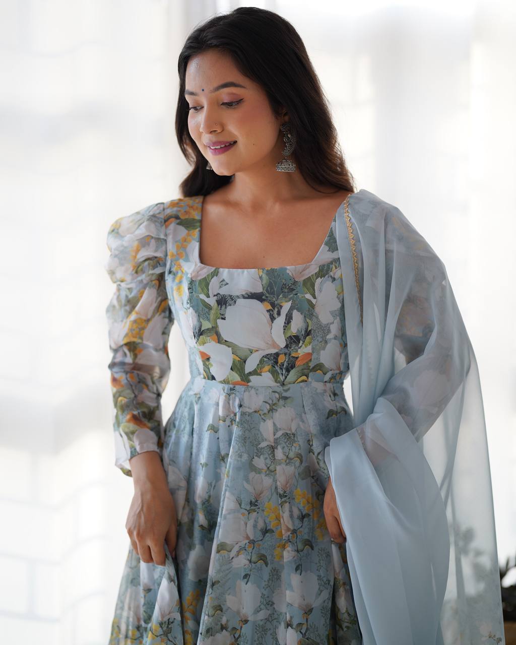 Floral Printed Organza Anarkali Fully Stiched Gown
