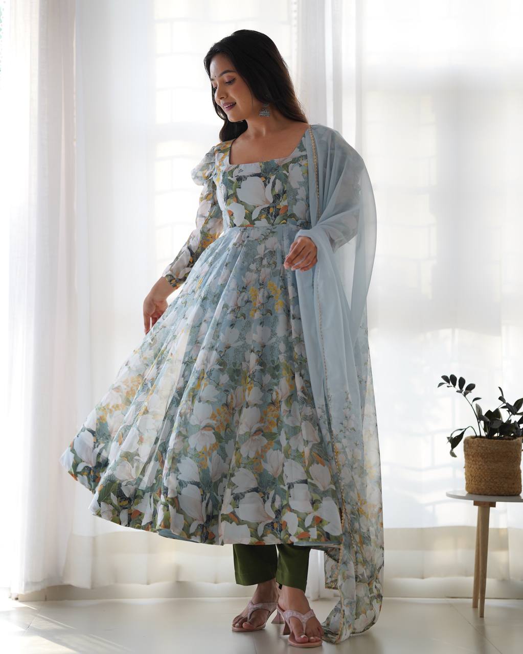 Floral Printed Organza Anarkali Fully Stiched Gown