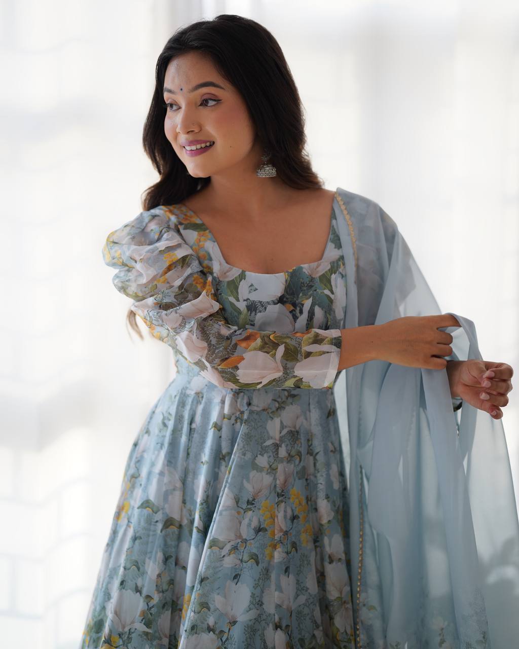 Floral Printed Organza Anarkali Fully Stiched Gown