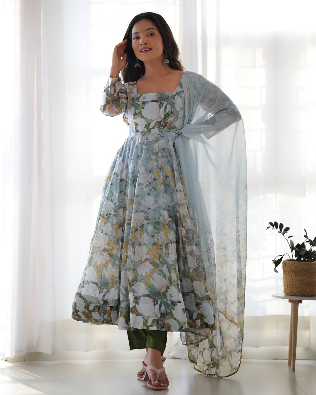 Floral Printed Organza Anarkali Fully Stiched Gown