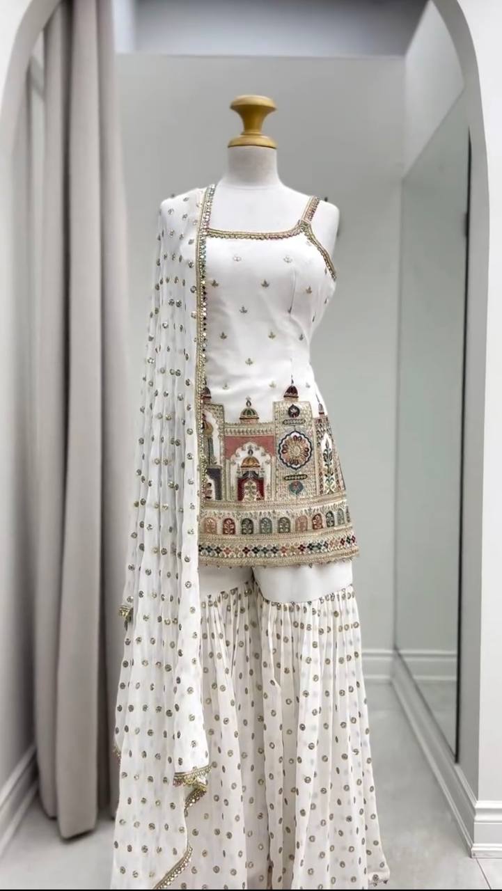 White Designer Faux Georgette Sharara Suit
