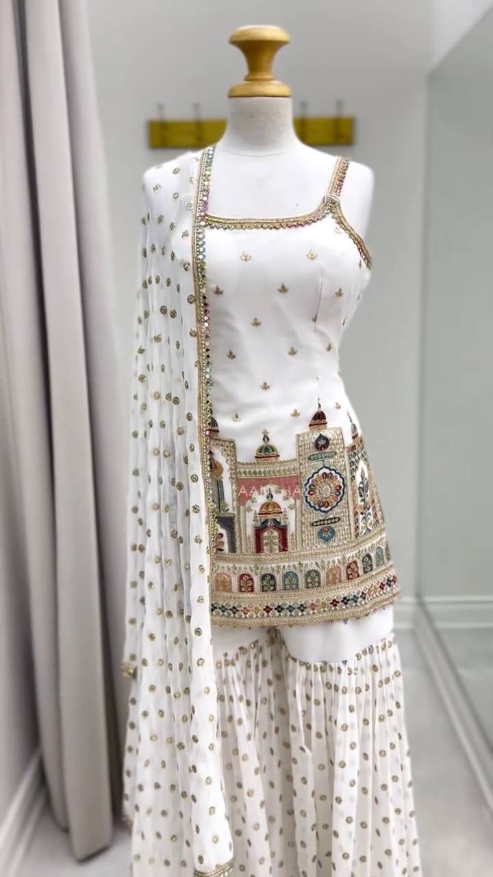 White Designer Faux Georgette Sharara Suit