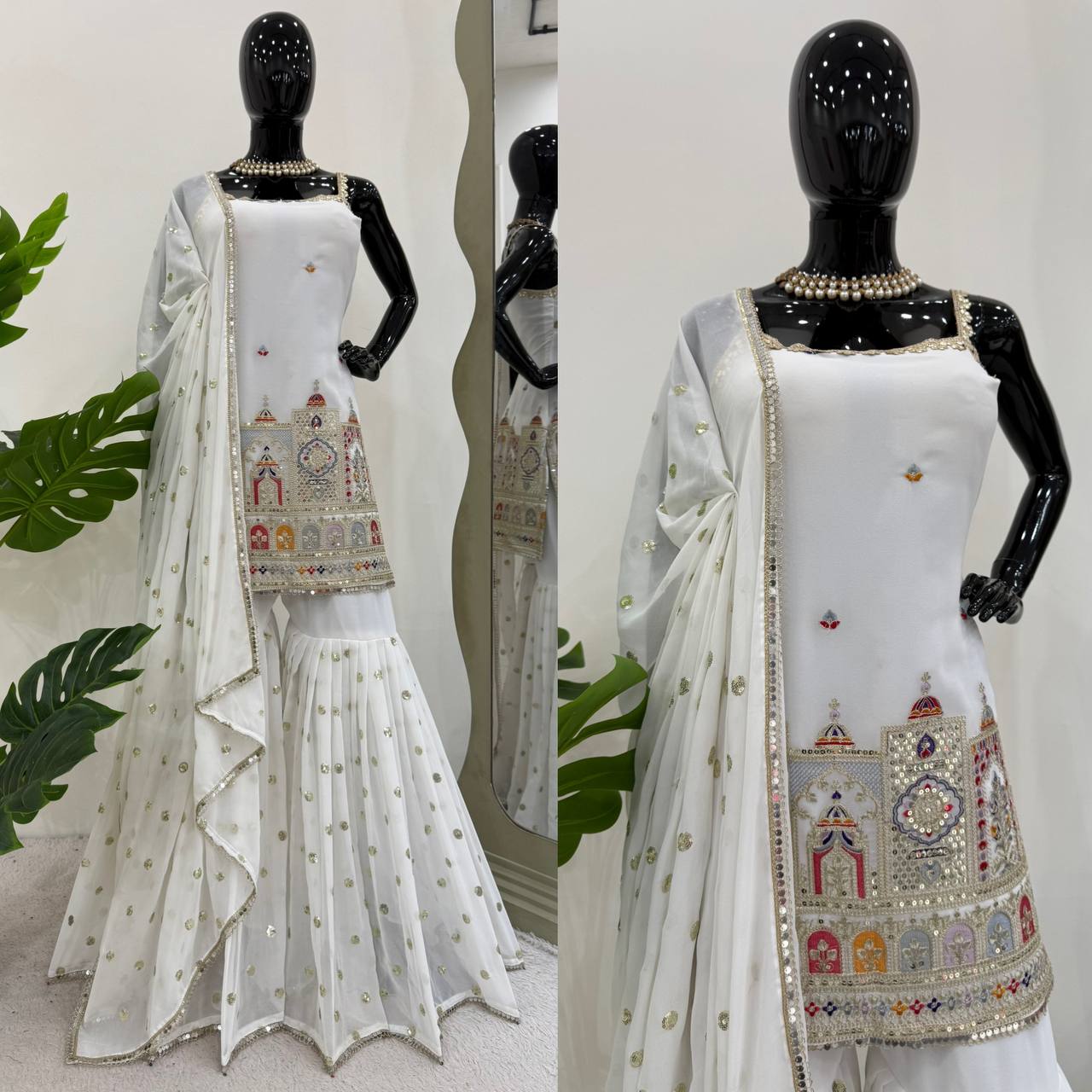 White Designer Faux Georgette Sharara Suit