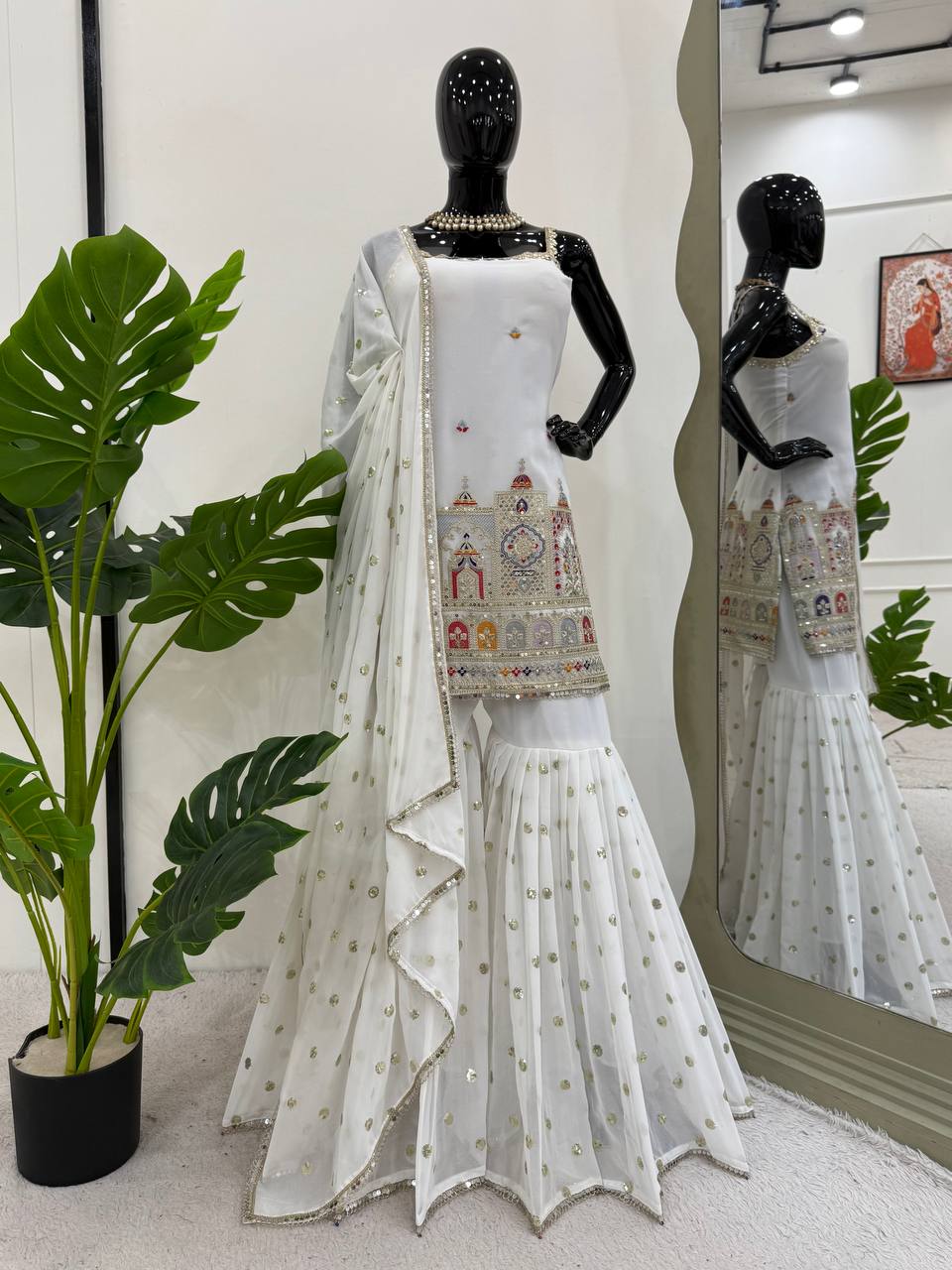 White Designer Faux Georgette Sharara Suit