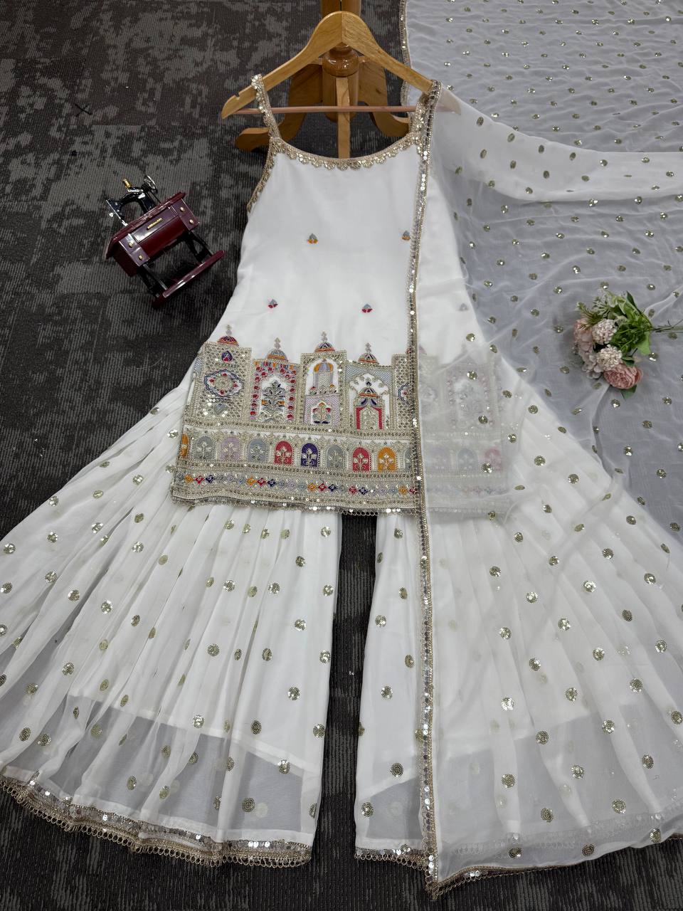 White Designer Faux Georgette Sharara Suit