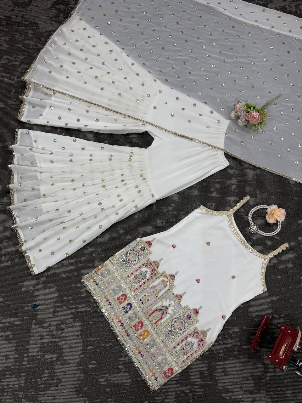 White Designer Faux Georgette Sharara Suit