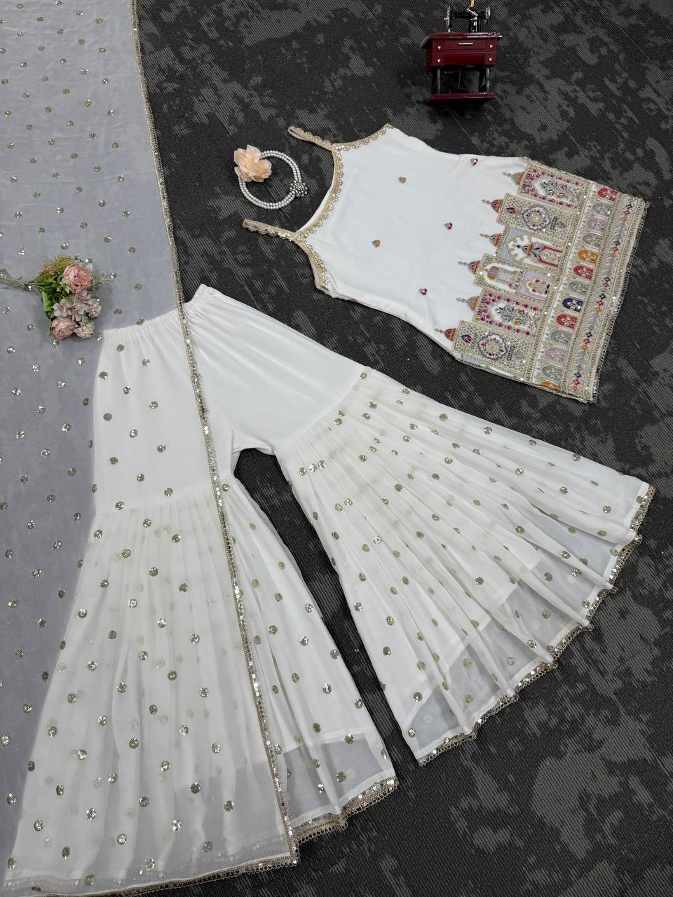 White Designer Faux Georgette Sharara Suit
