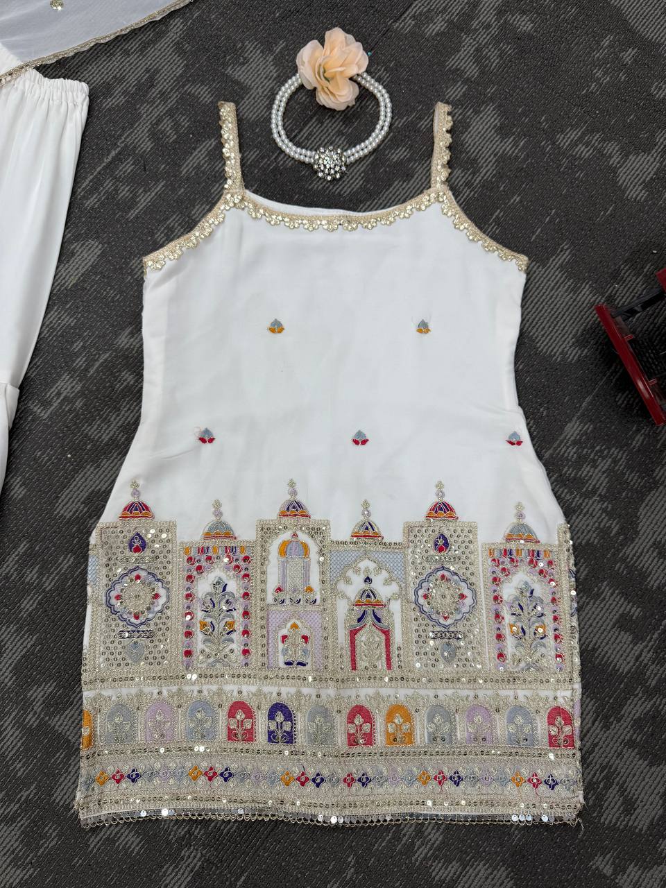 White Designer Faux Georgette Sharara Suit