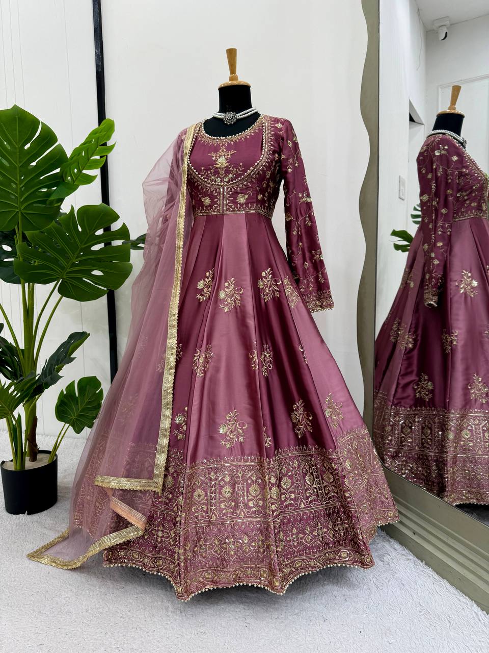 Occasion Wear Japan Satin Thread with Sequence Work Gown With Dupatta