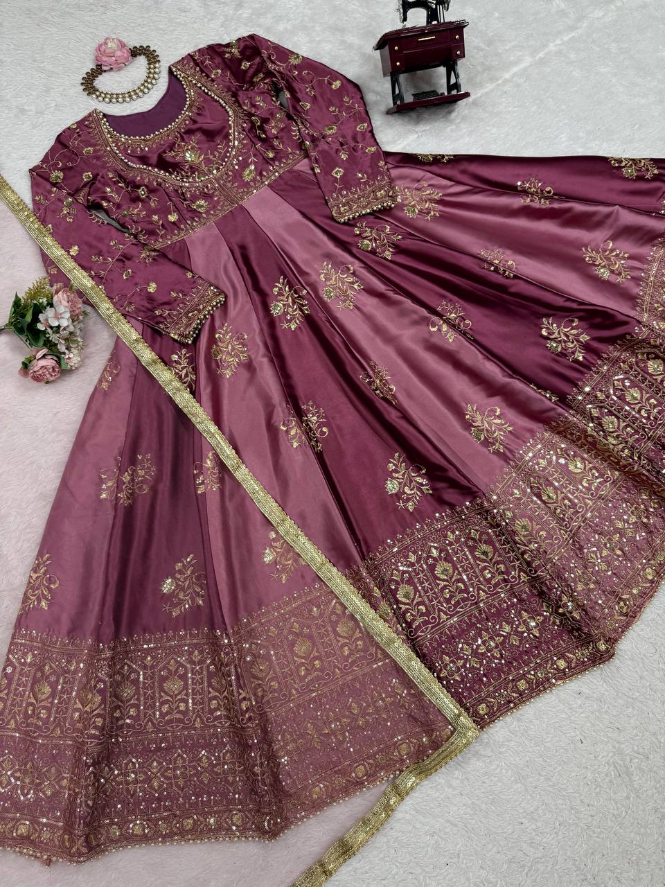 Occasion Wear Japan Satin Thread with Sequence Work Gown With Dupatta