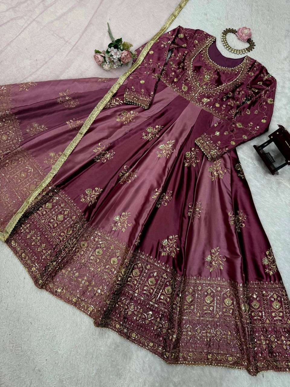 Occasion Wear Japan Satin Thread with Sequence Work Gown With Dupatta