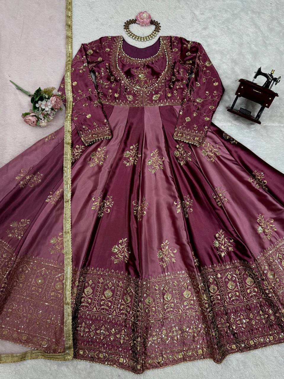 Occasion Wear Japan Satin Thread with Sequence Work Gown With Dupatta