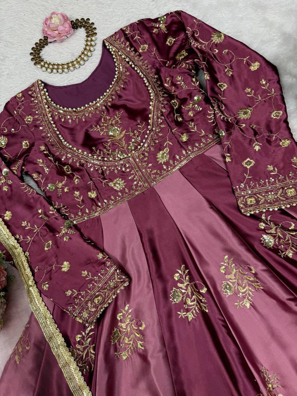 Occasion Wear Japan Satin Thread with Sequence Work Gown With Dupatta