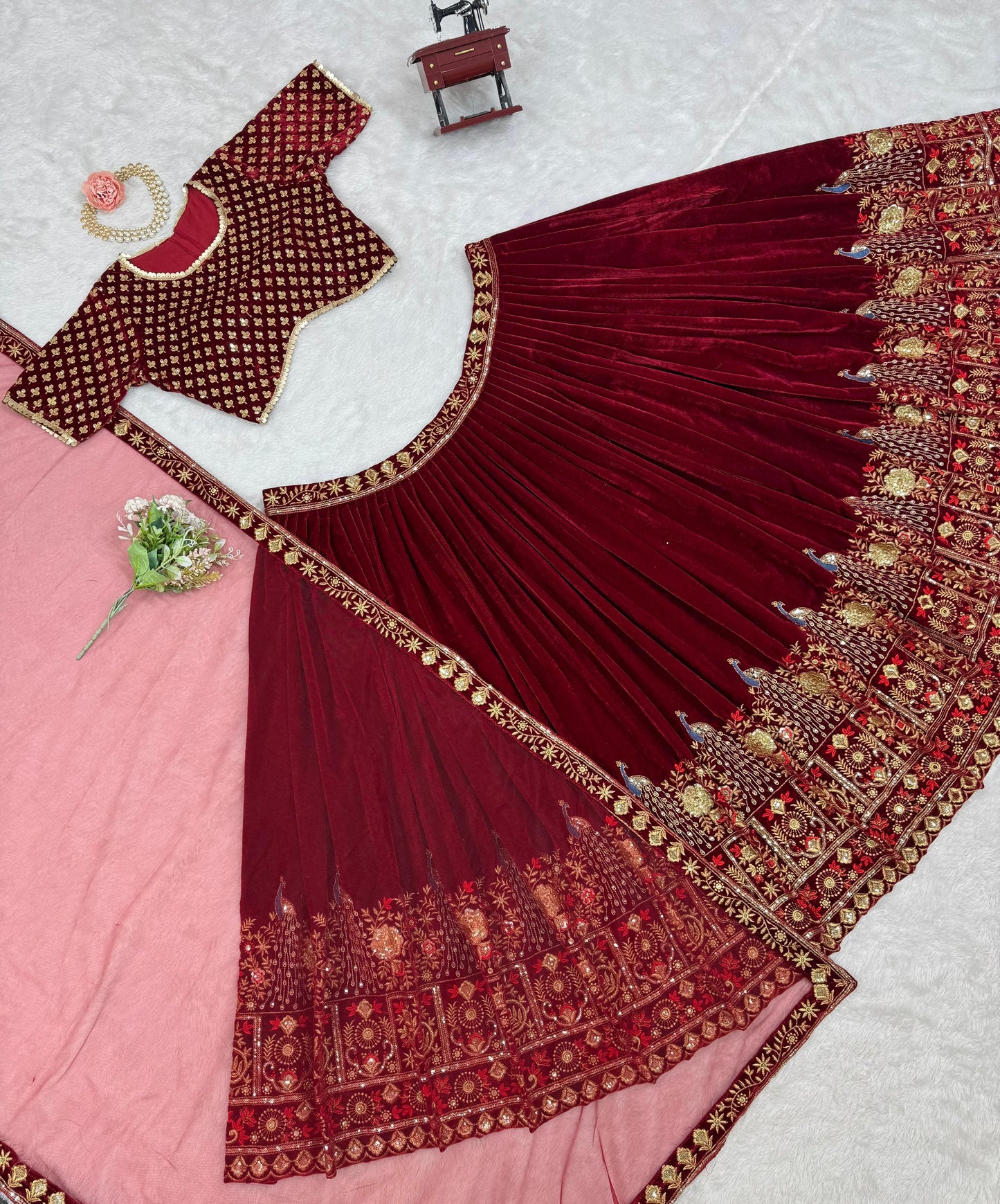 Red color Viscose Velvet Lehenga Choli Winter Collection