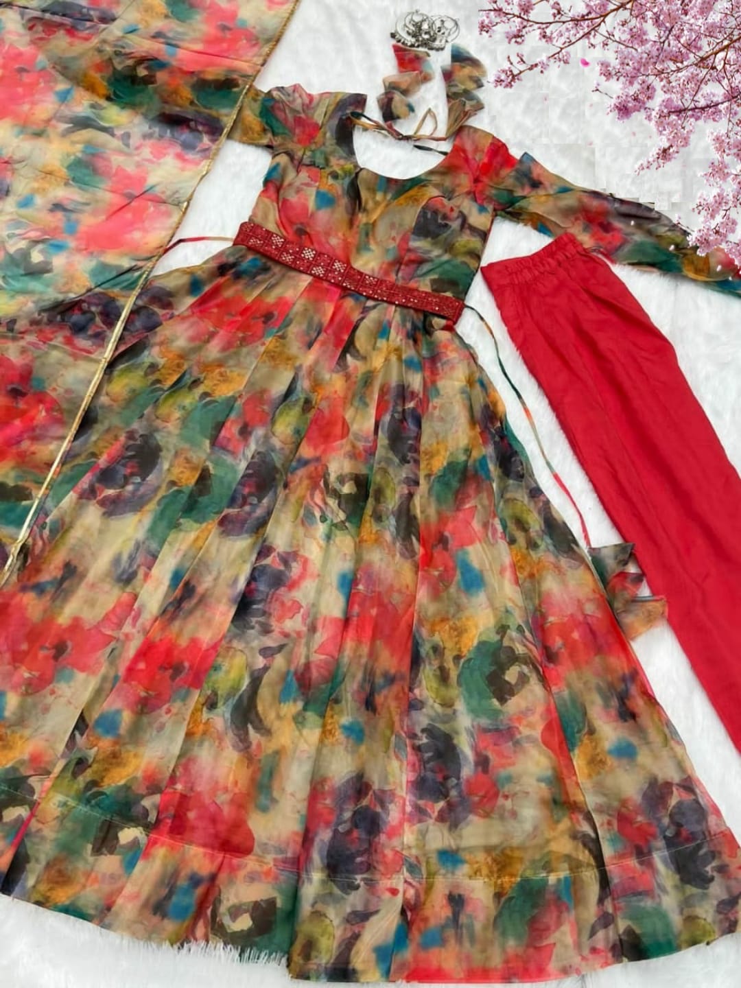 Pure Organza Silk Printed Readymade Anarkali Gown with Pant Dupatta