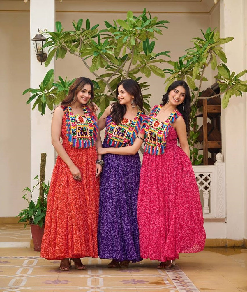 Ready to Wear Full Flair Bandhej Gown For Girls