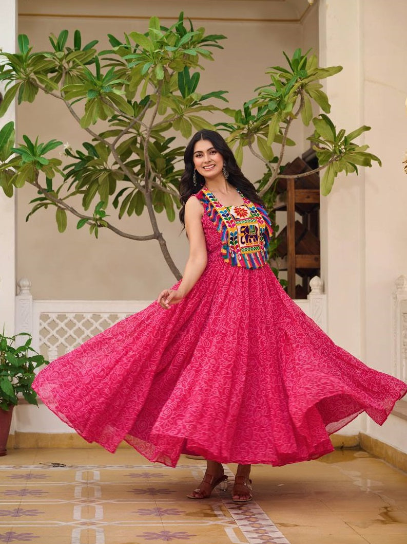 Ready to Wear Full Flair Bandhej Gown For Girls