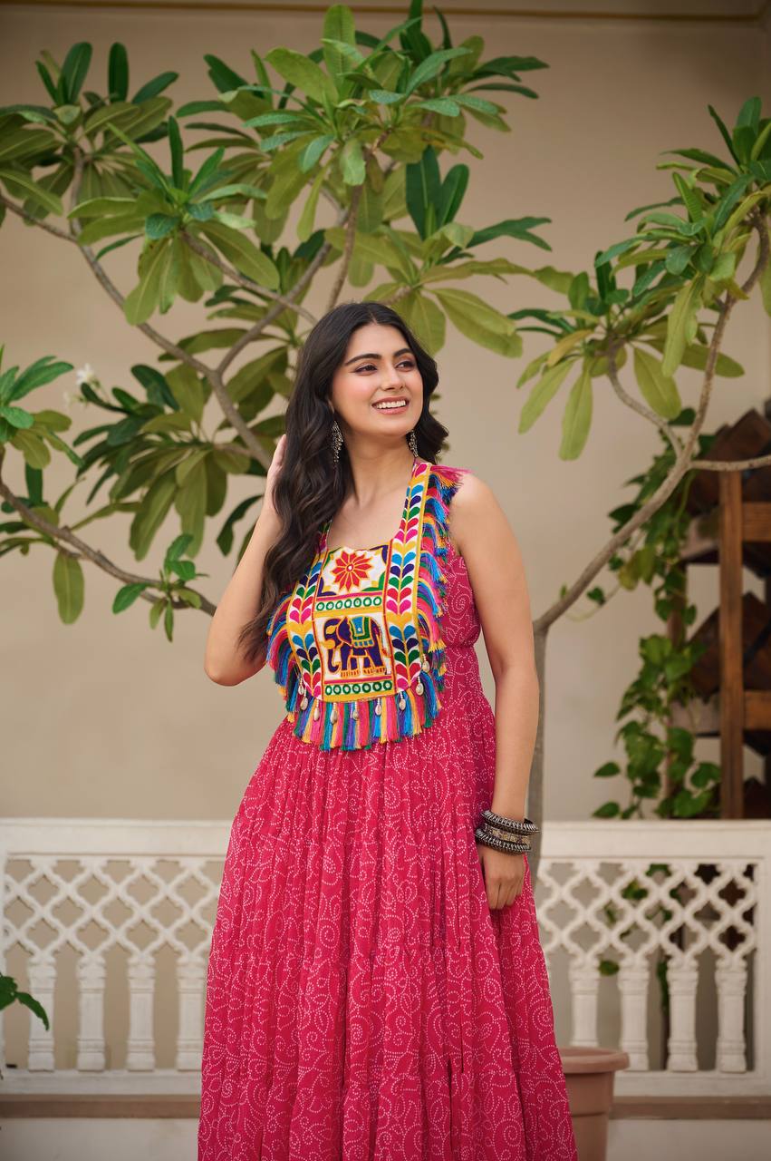 Ready to Wear Full Flair Bandhej Gown For Girls