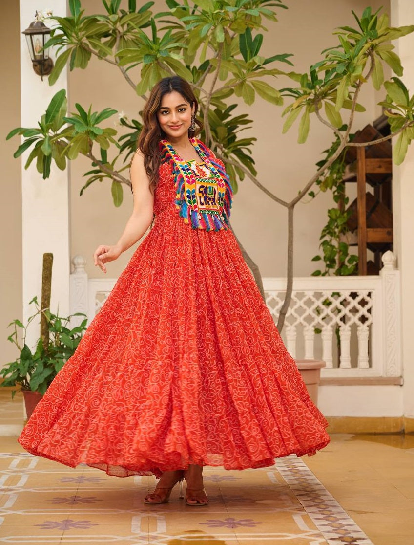 Ready to Wear Full Flair Bandhej Gown For Girls