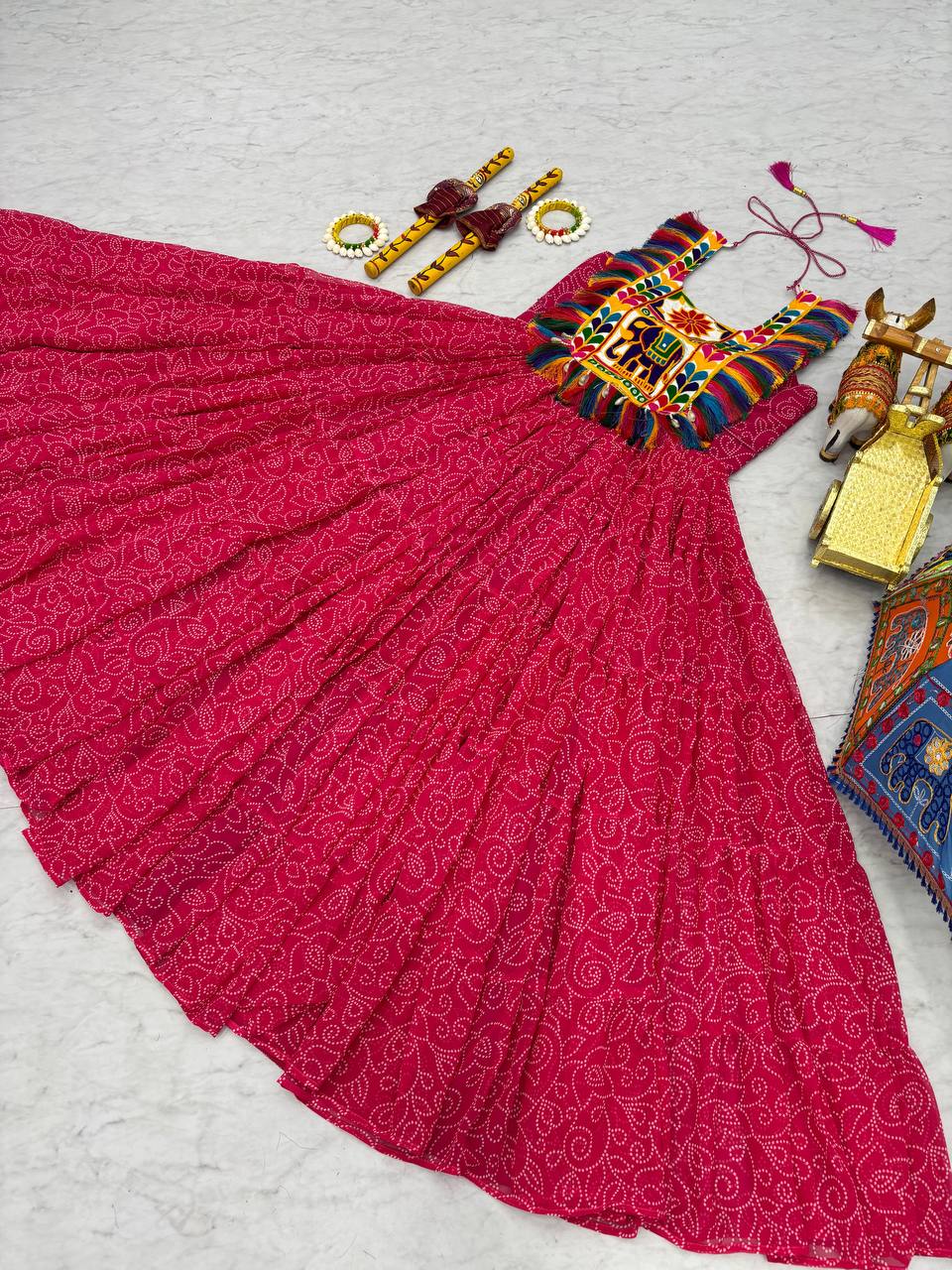 Ready to Wear Full Flair Bandhej Gown For Girls