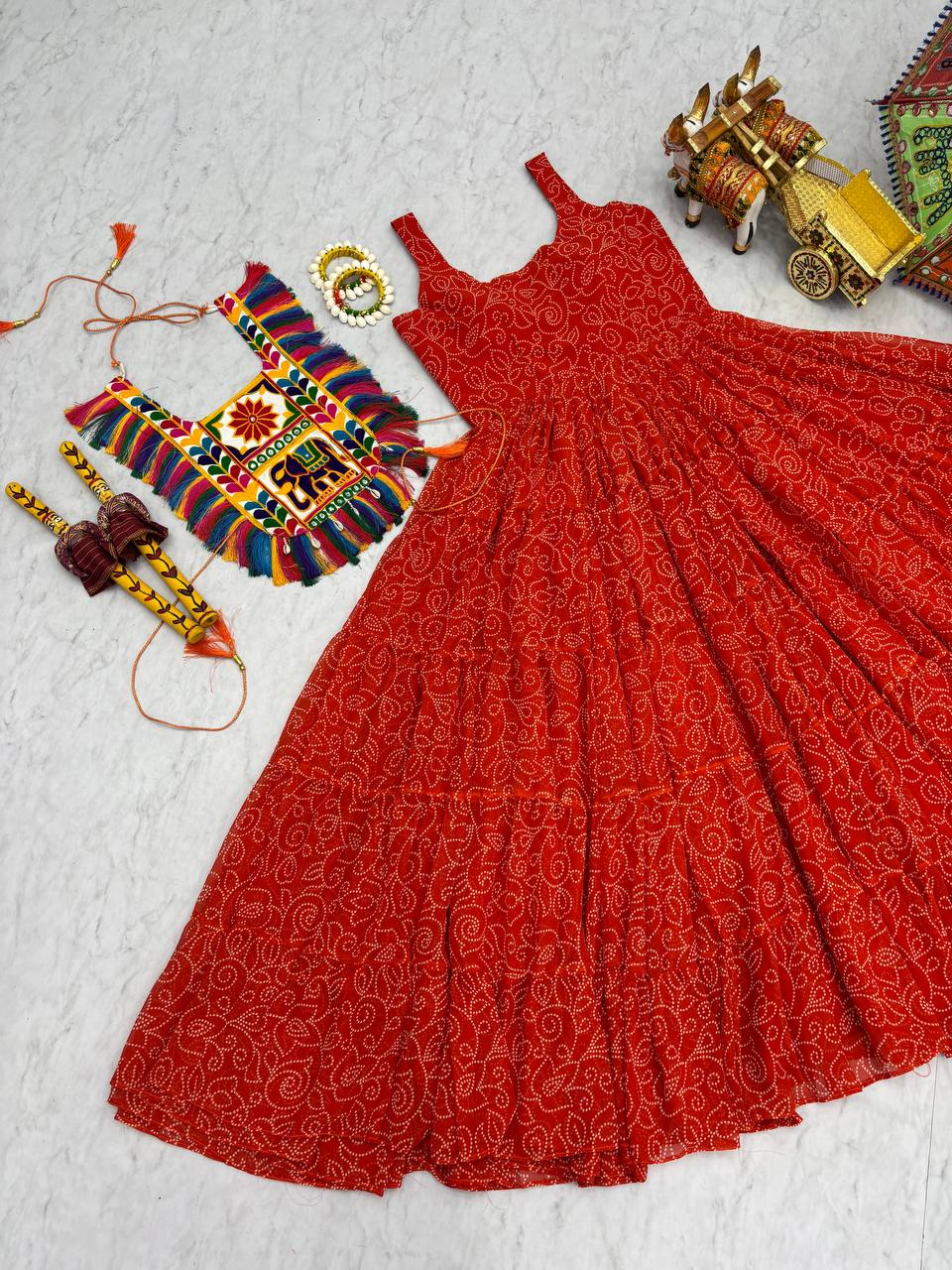 Ready to Wear Full Flair Bandhej Gown For Girls