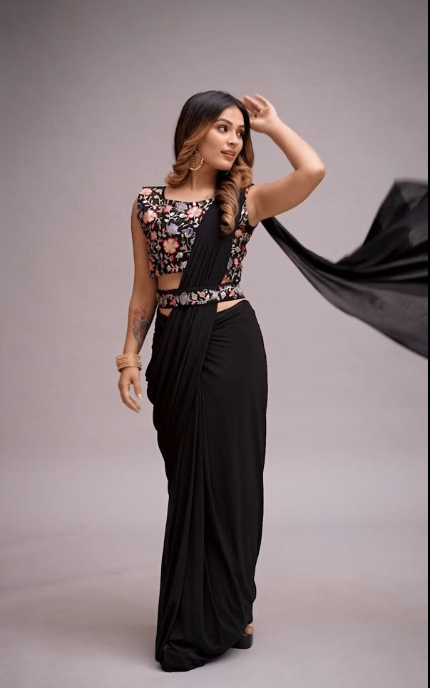 1 Minutes Ready To Wear Malay Silk Saree with Stitched Blouse