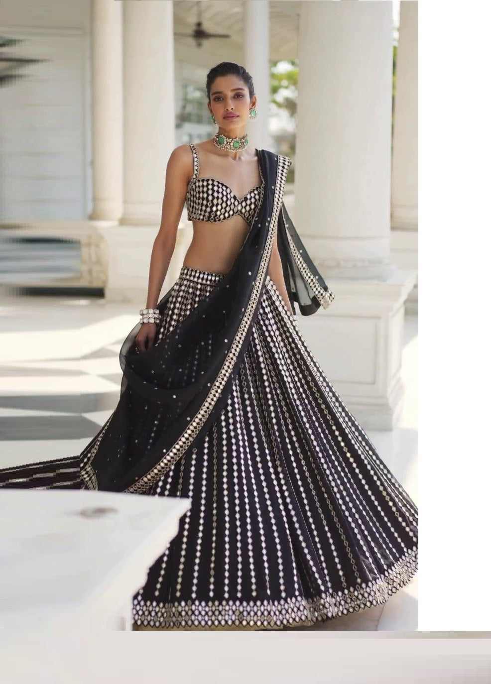 Black Georgette Pepar Mirror Worked Wedding Wear Lehenga Choli